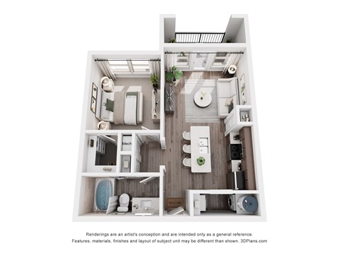 Floor plan for 1 bed, 1 bath, 616 sqft